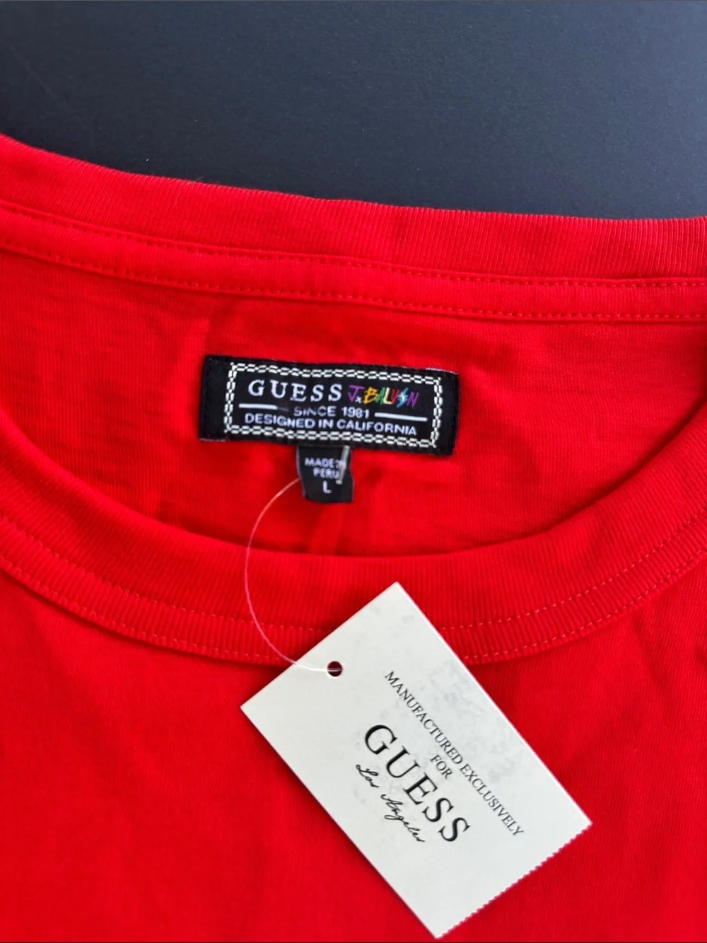 New Guess Red Short-Sleeve Graphic Tee with Blue & White Logo Sz L - Picture 5 of 6